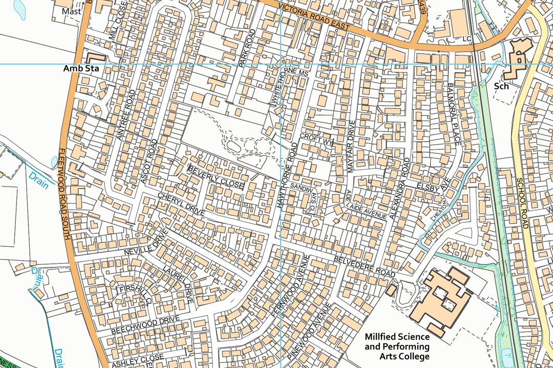 OS VectorMap Local 1:10 000 raster GeoTIFF showing a suburban residential area with orange buildings crescents and a college campus