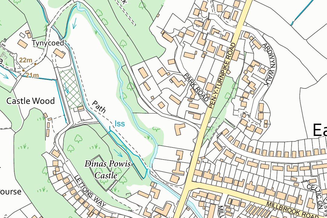 OS 10k raster GeoTIFF showing a town edge with Powis Castle grounds woodland and residential streets at 1:10 000 scale