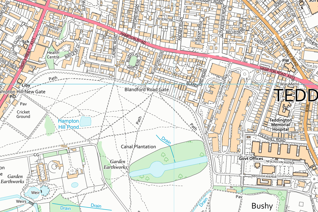 OS VectorMap Local raster of Teddington area showing Hampton Road canal plantation and Bushy Park with pink trunk roads and green A-roads