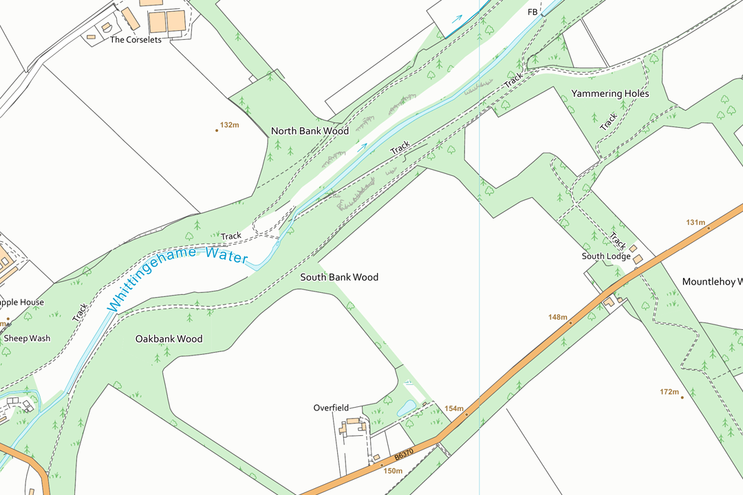 OS 10k raster section of a river valley with North Bank Wood South Bank Wood and surrounding rural properties at 1:10 000 scale