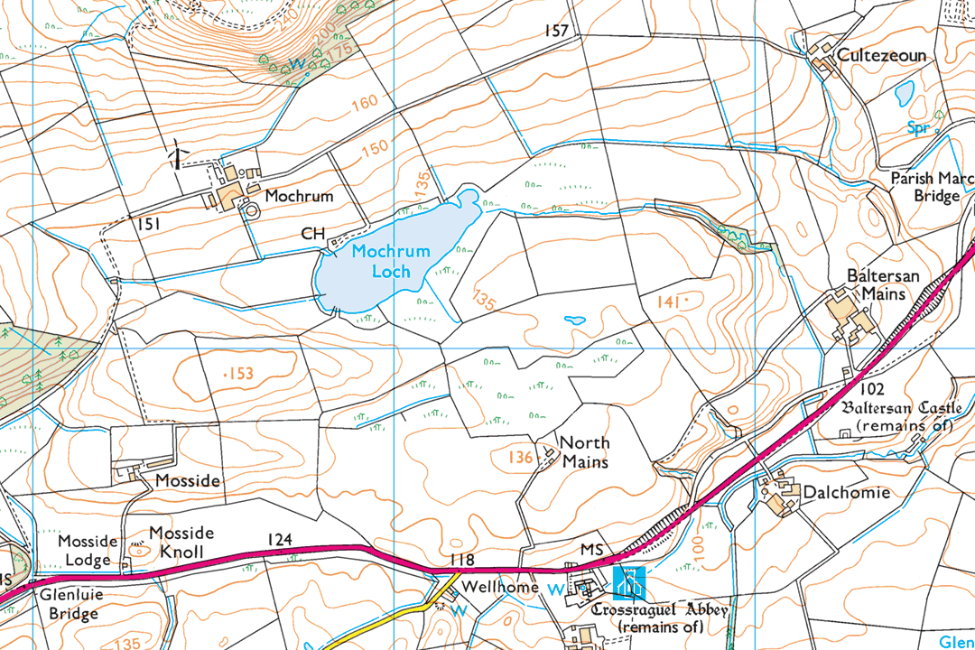 OS 1:25 000 Explorer style raster showing Scottish Highland landscape with Mochrum Loch contour lines and moorland south of the A924