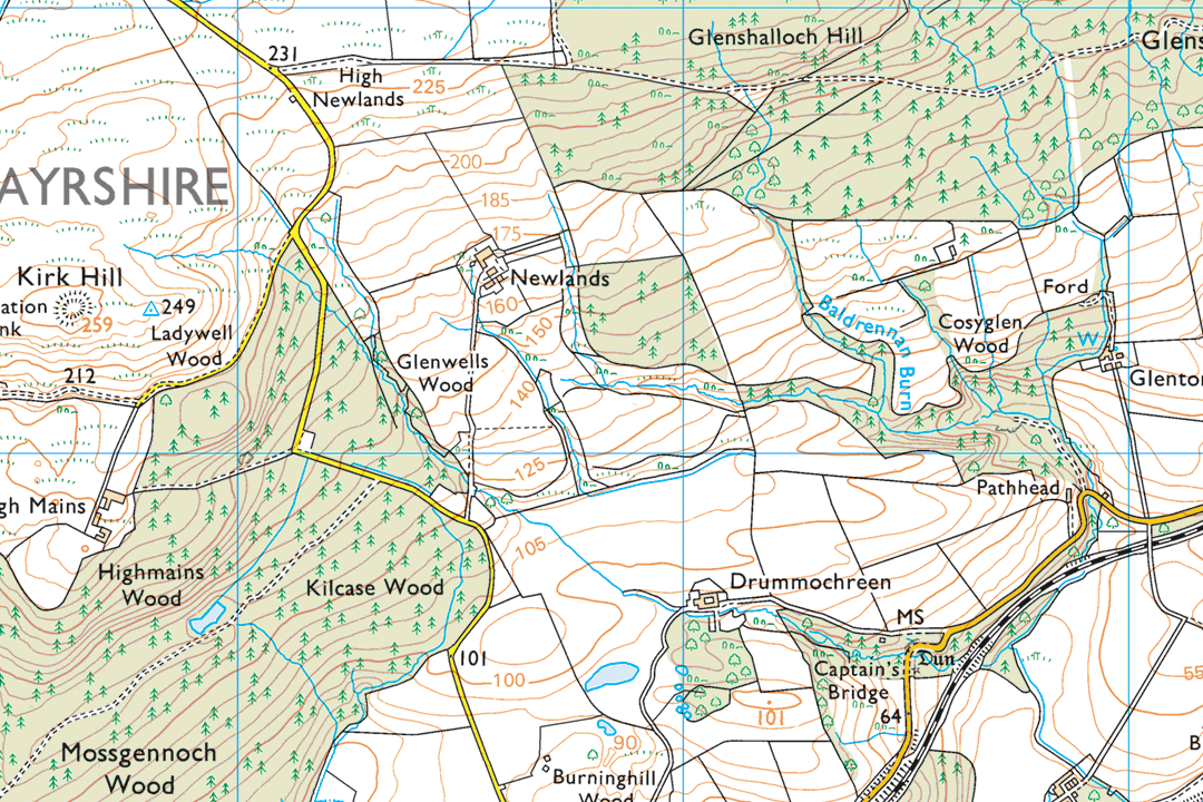 OS 25k raster section of Ayrshire countryside with Glenshalloch Hill Kilcash Wood and scattered farmsteads in the Explorer orange colour palette