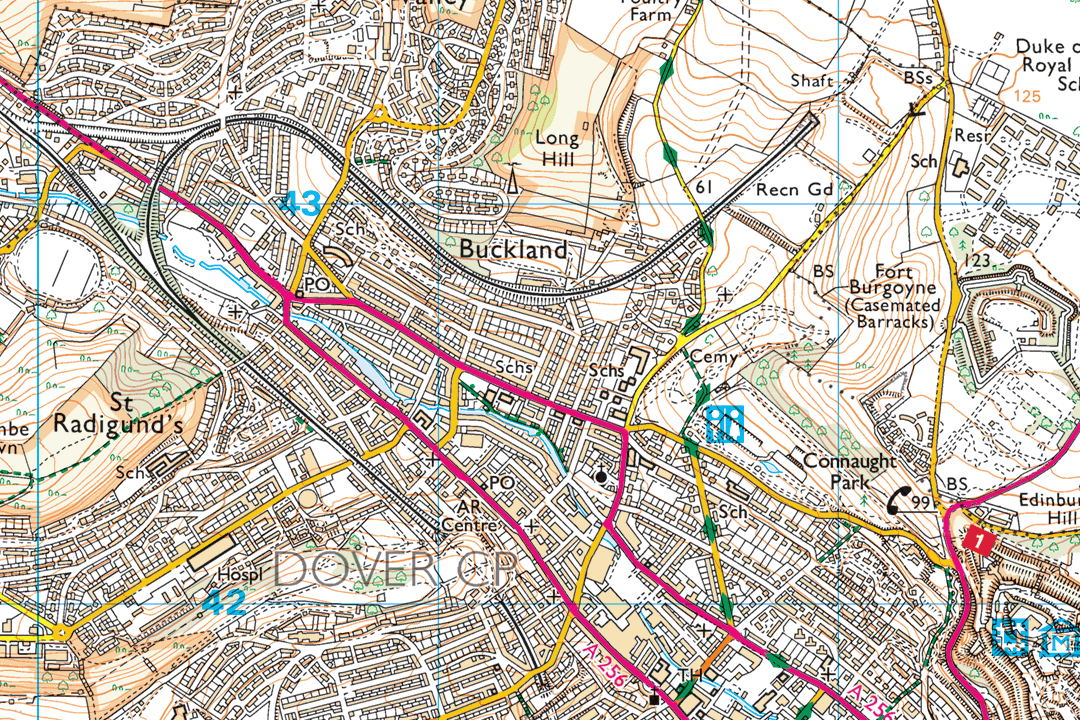 OS 25k Explorer raster of Dover and Buckland showing the A2 dual carriageway residential streets and port area at 1:25 000 scale