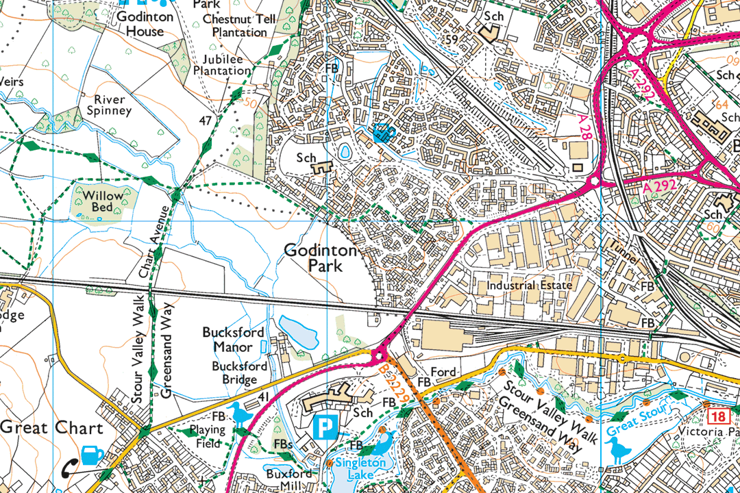 OS 25k raster section of Godington Park near Ashford showing parkland woodland the M20 motorway and Great Chart village