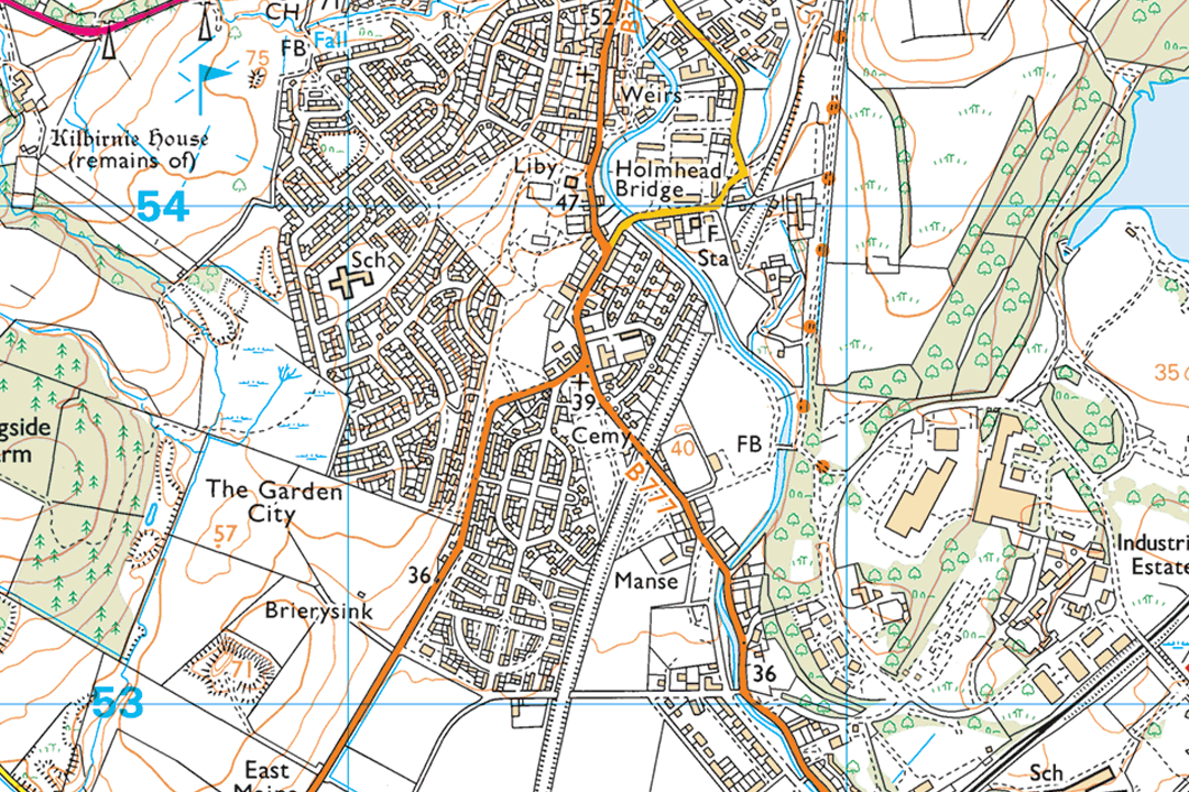 OS 25k Explorer raster of a Scottish town with golf course river crossing and industrial estate showing contour lines and footpaths