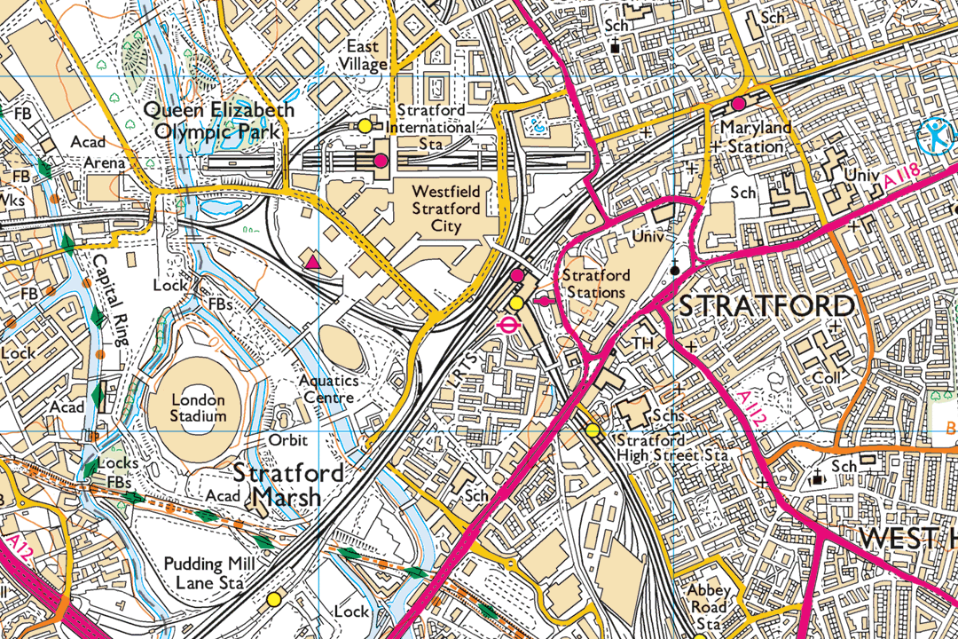 OS 25k Explorer raster of Stratford and the Queen Elizabeth Olympic Park showing Westfield shopping centre and major road junctions