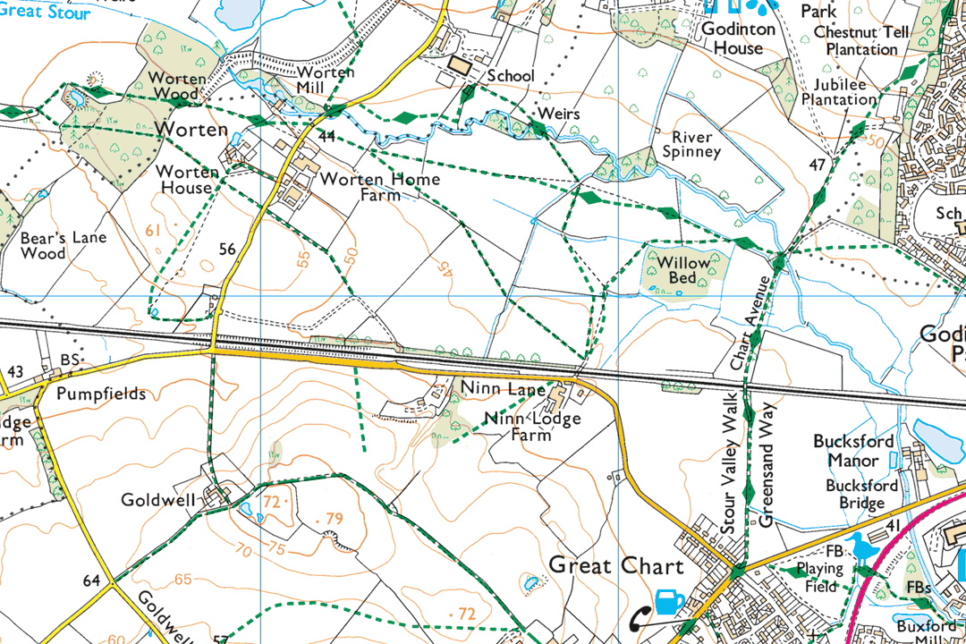 OS 25k raster section of rural Kent near Great Chart showing field boundaries footpaths Ninn Lodge and the Ashford bypass