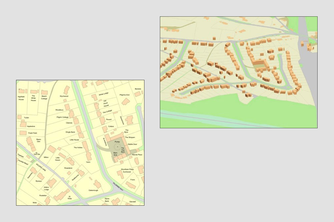 3D visualisation generated from OS MasterMap Topography Layer with Building Height Attribute showing buildings and structures rendered in three dimensions for planners architects and developers