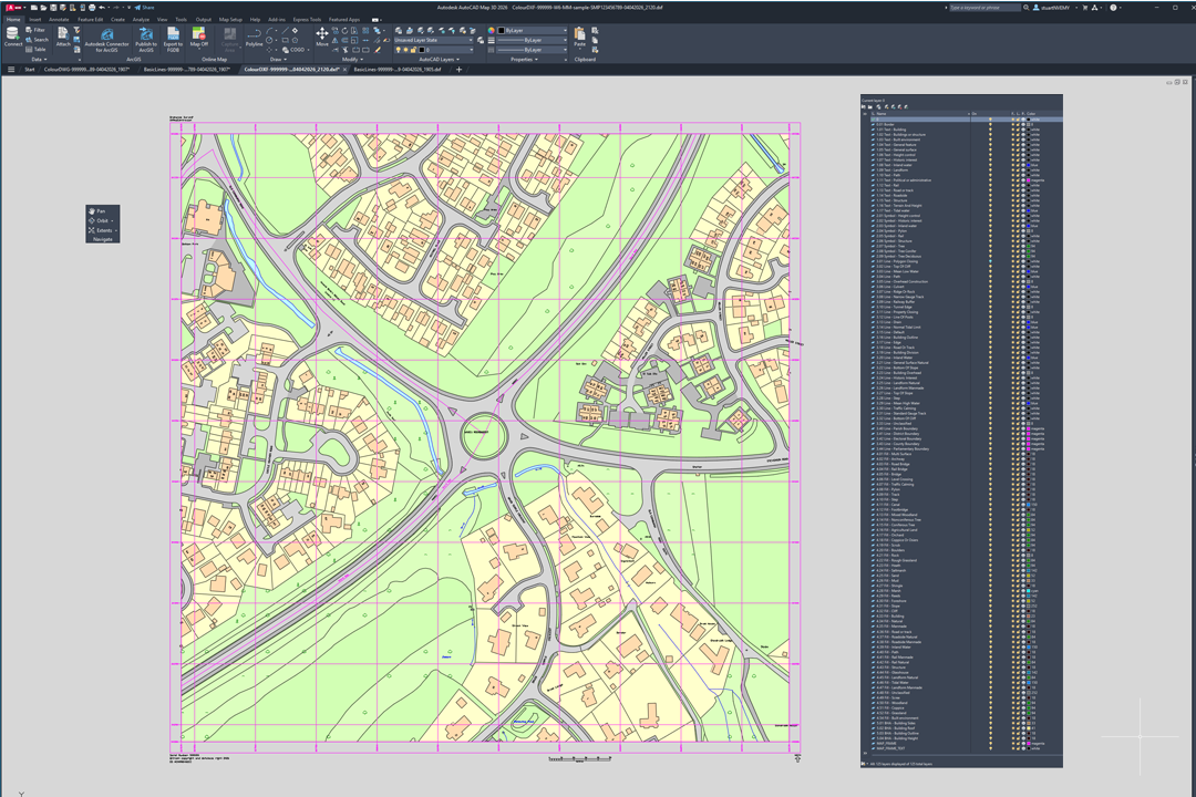 AutoCAD 3D Map 2026 in 2D mode showing OS MasterMap Topography Layer with Building Height Attribute data ready for analysis and annotation
