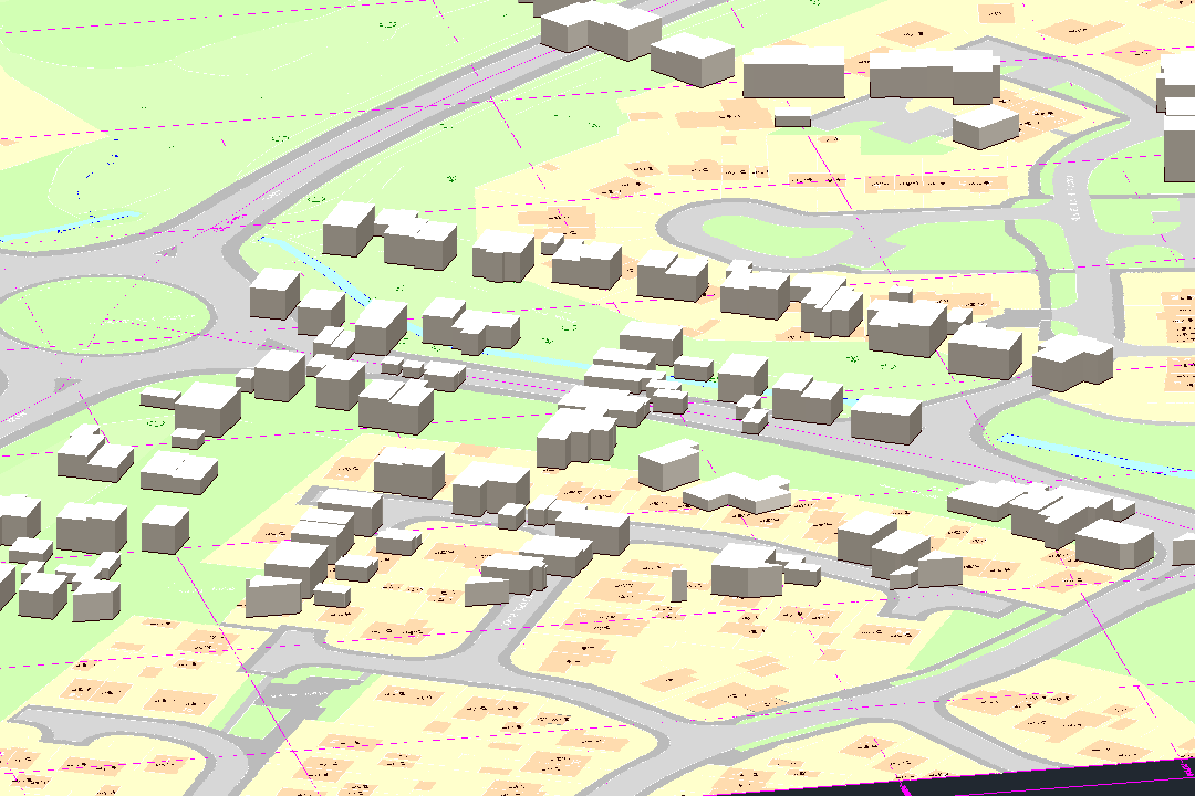 AutoCAD 3D Map 2026 in 3D mode rendering OS MasterMap buildings and terrain as a fully navigable three-dimensional model