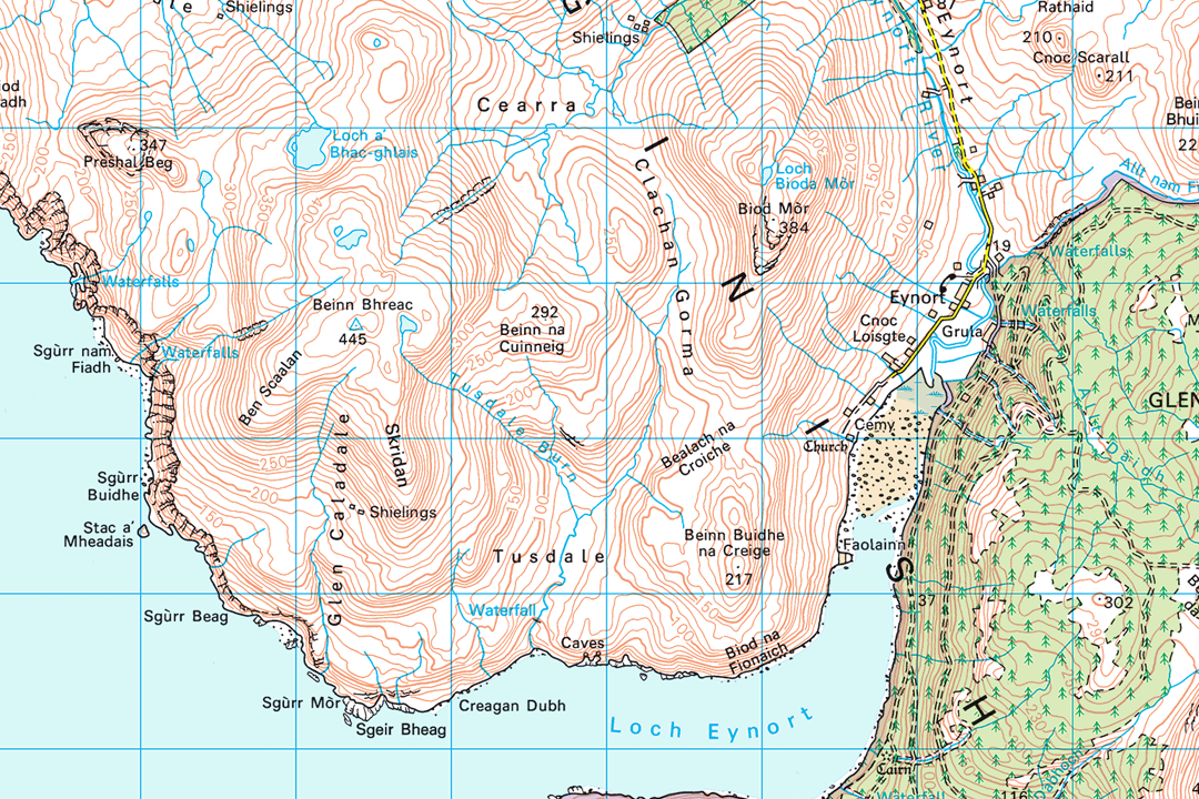 OS 50k raster tile of Highland coastline with Beinn Buidhe mountain contours rocky shore and forestry patches