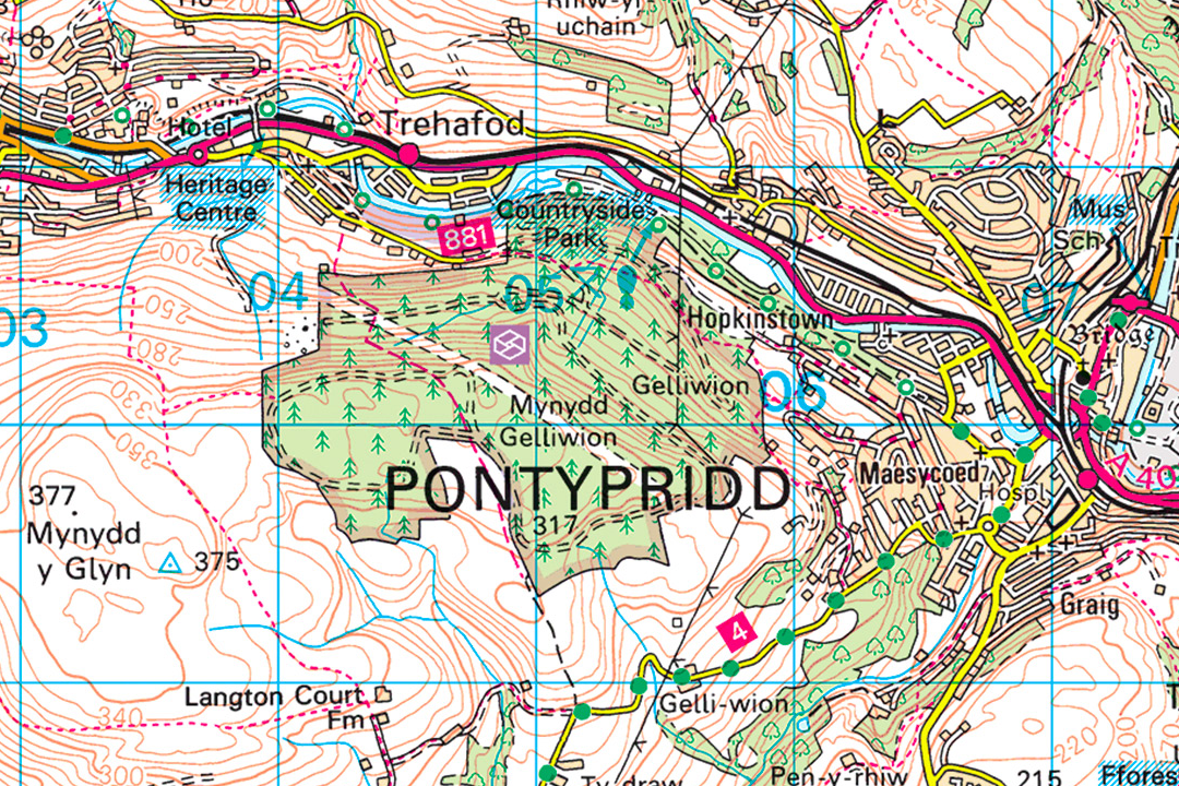 OS 50k raster tile covering Pontypridd with urban roads woodland and the Landranger pink road classification