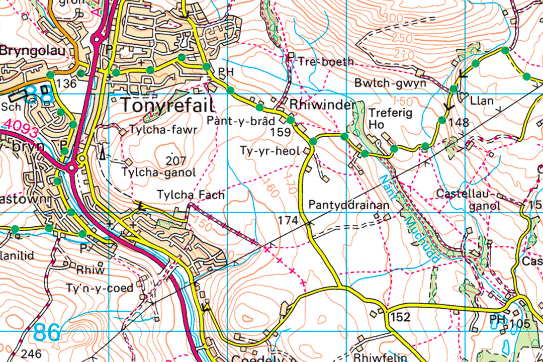 OS 50k raster tile of Tonyrefail and the South Wales valleys with classified roads villages and terrain contours