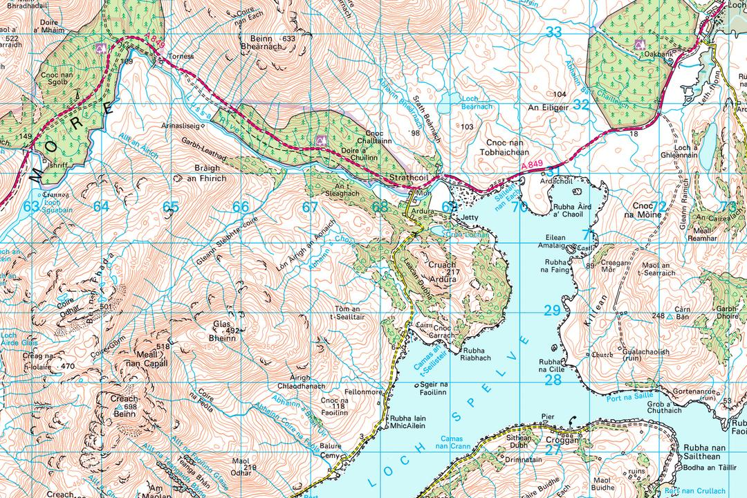 OS 50k raster tile of a Scottish west coast sea loch with peninsula mountain shading and a shore road