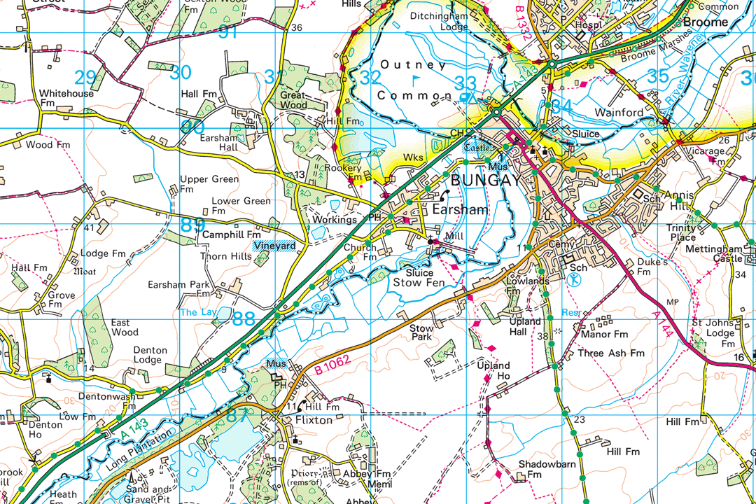 OS 50k raster tile covering Bungay in Suffolk with the River Waveney A143 junction and Outney Common