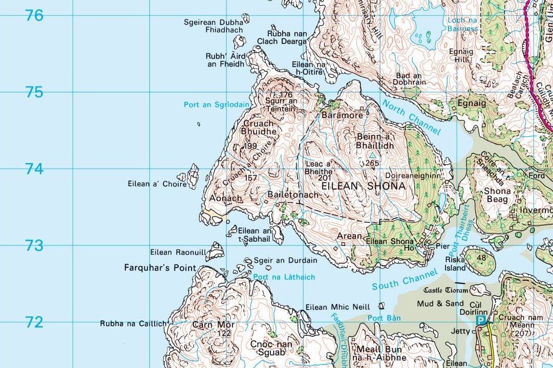 OS 50k raster tile of the west Highland coast with Eilean Shona small islands and grid reference lines
