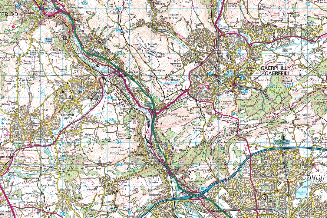 OS 50k raster tile of the South Wales valleys near Caerphilly with A-roads woodland and settlements across 20 km