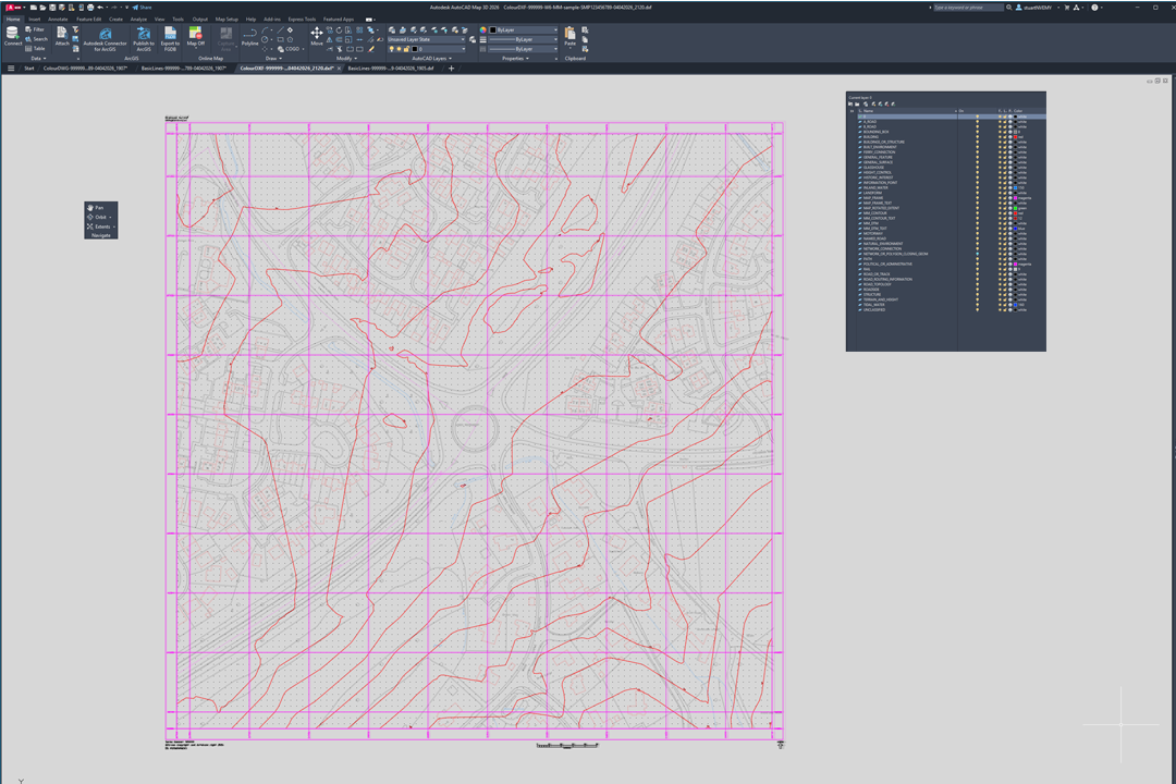 OS Terrain 5 DTM and contour overlay on MasterMap