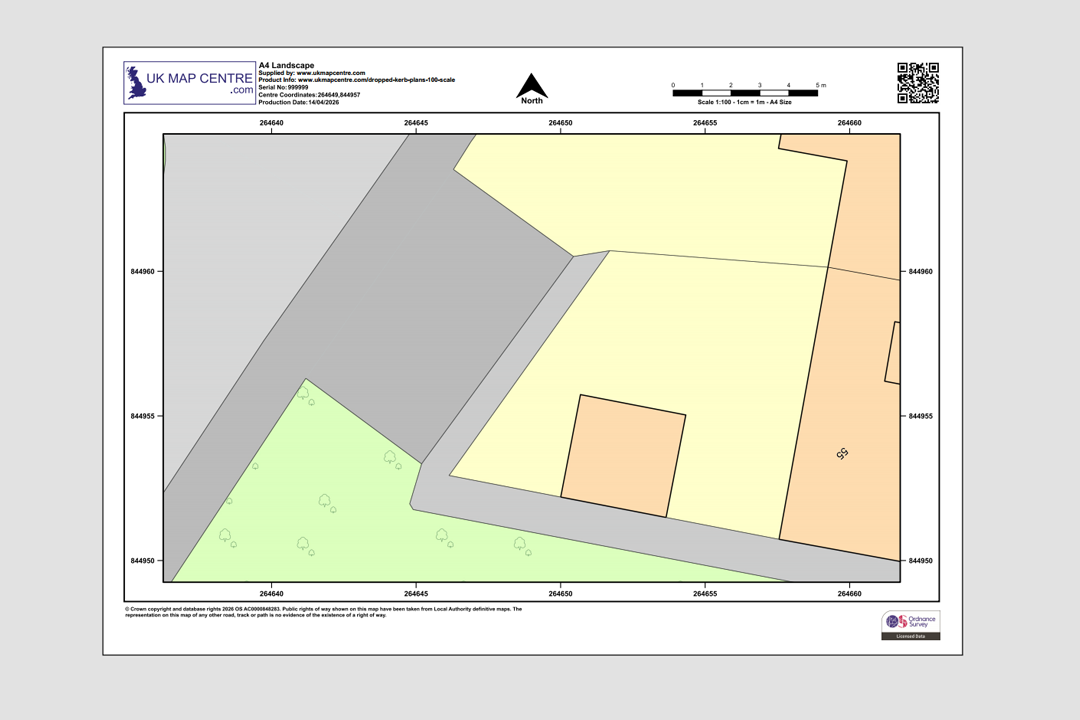 OS 1:100 scale colour dropped kerb plan showing property boundaries, footway and road detail - A4 landscape