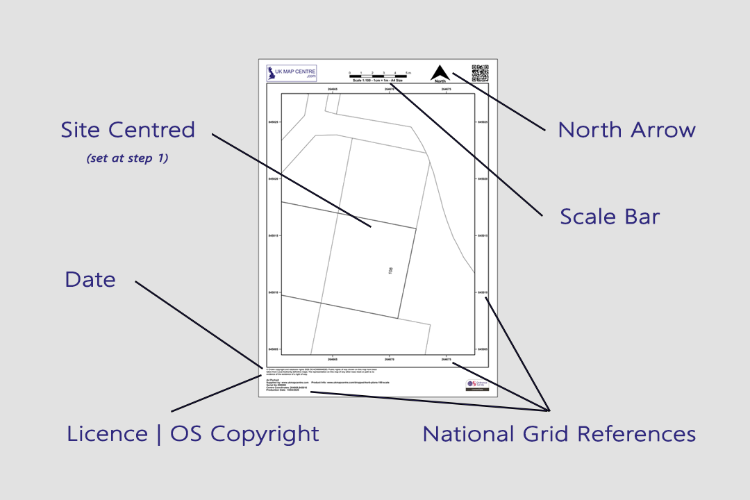 OS 1:100 scale black and white plan with labelled features - site centred, north arrow, scale bar, grid references and OS copyright