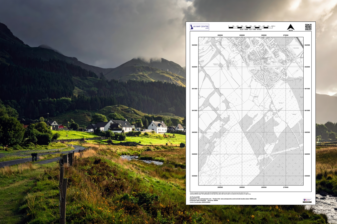 OS 1:10 000 black and white regional plan overlaid on a Highland glen photograph with mountains, crofts and river