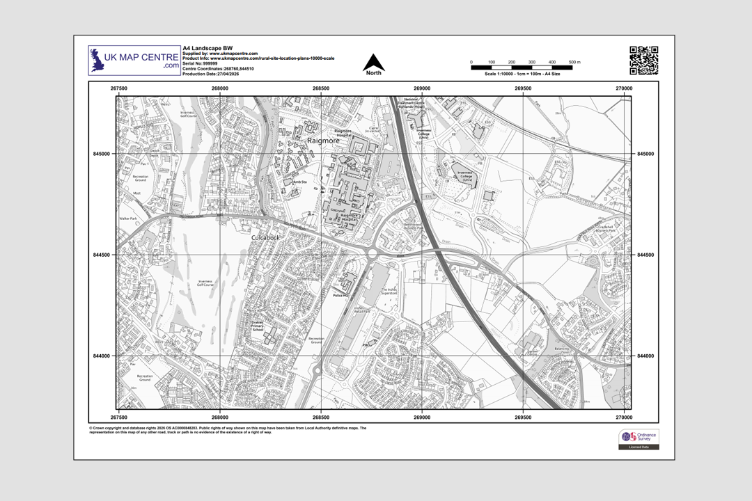 OS 1:10 000 black and white A4 landscape plan showing a town with roads, railway line and surrounding countryside
