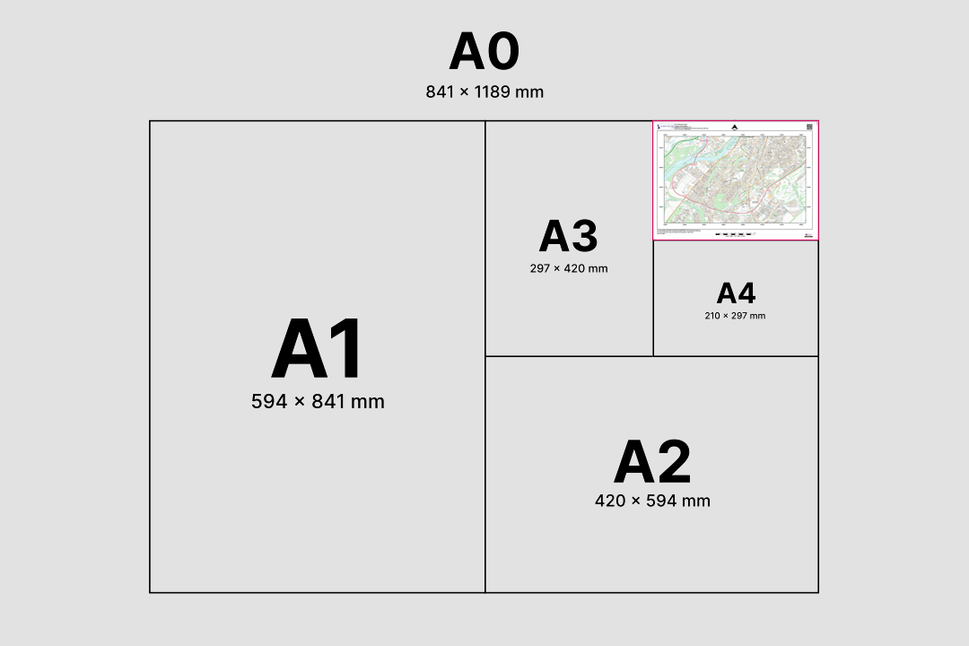 Paper size comparison from A4 to A0 showing how the 1:10 000 regional plan scales across print sizes