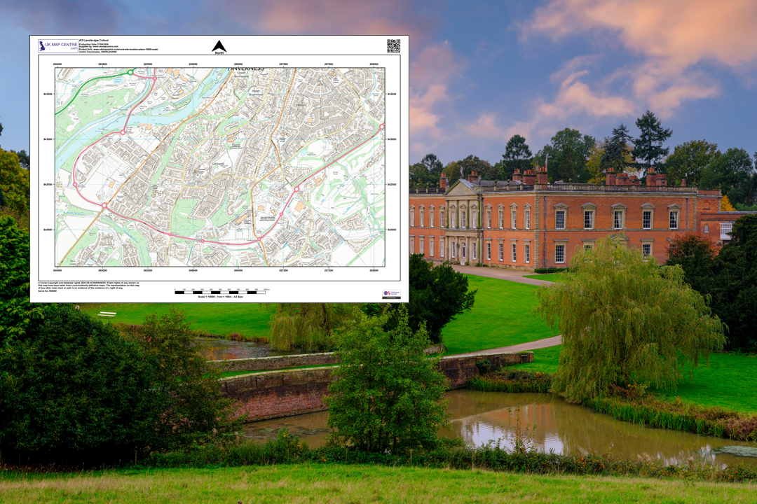OS 1:10 000 colour regional plan overlaid on an estate photograph with parkland, lake and country house