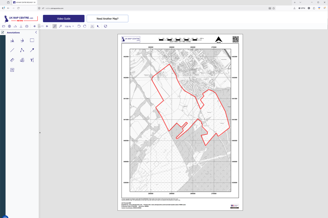 Online redlining tool showing a 1:10 000 plan with red site boundary polygons drawn on using the annotation toolbar