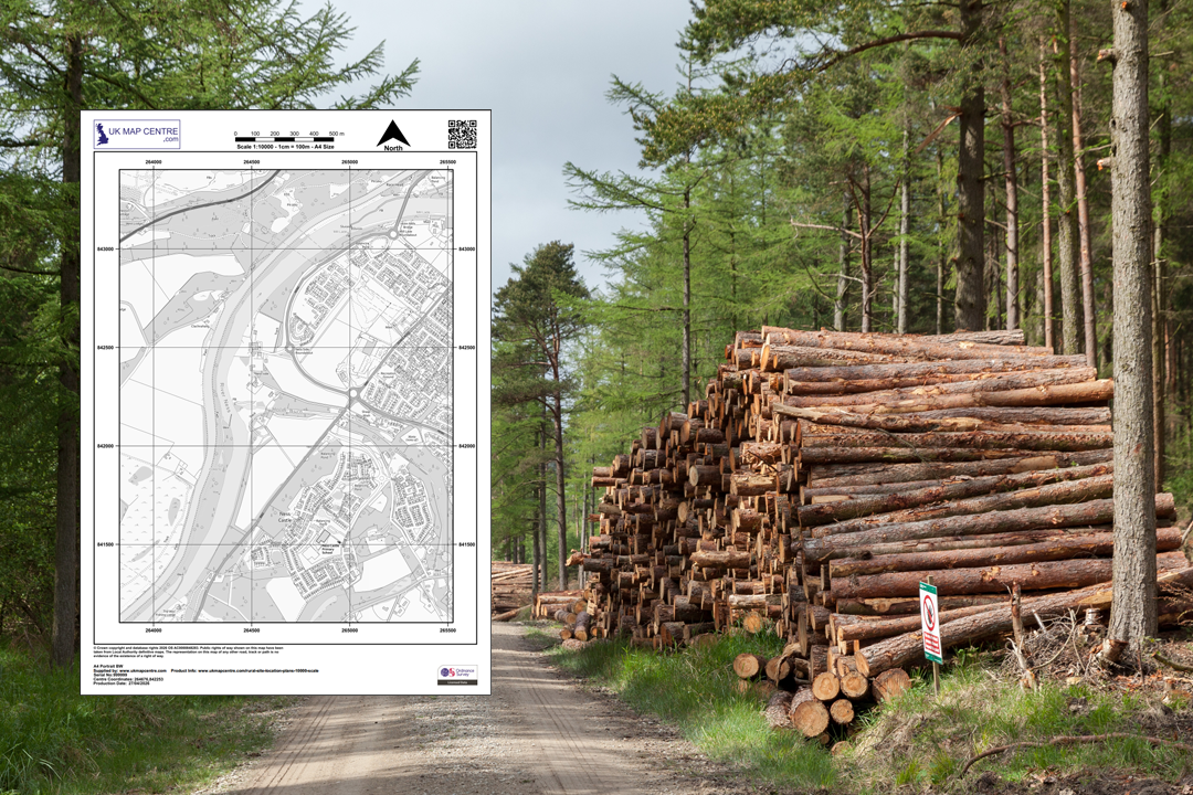 OS 1:10 000 black and white plan overlaid on a forestry photograph with timber stacks and forest track
