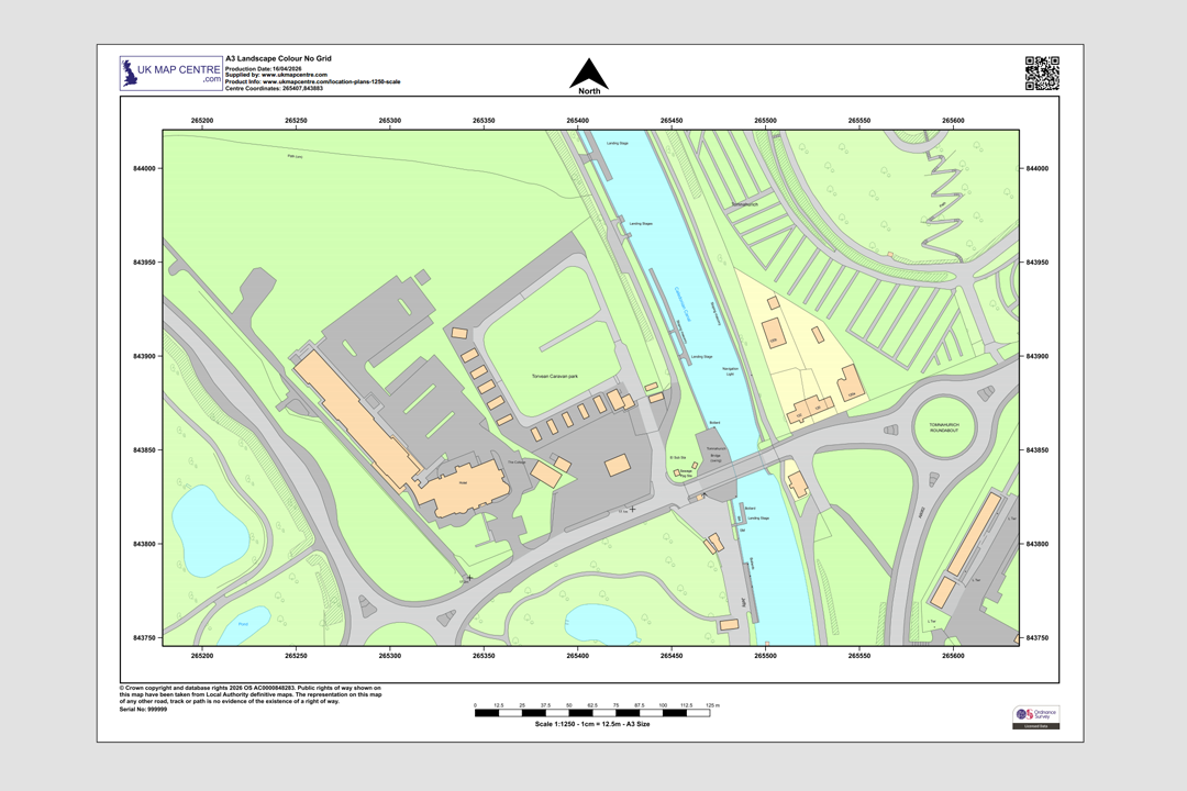 OS 1:1250 colour A4 landscape location plan showing buildings, river, canal and roundabout in an urban area