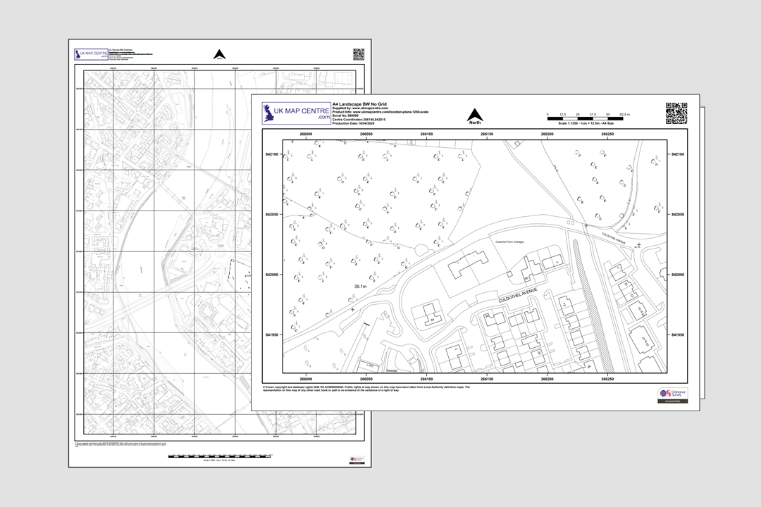 OS 1:1250 black and white location plans side by side - rural area with trees and urban residential with road detail
