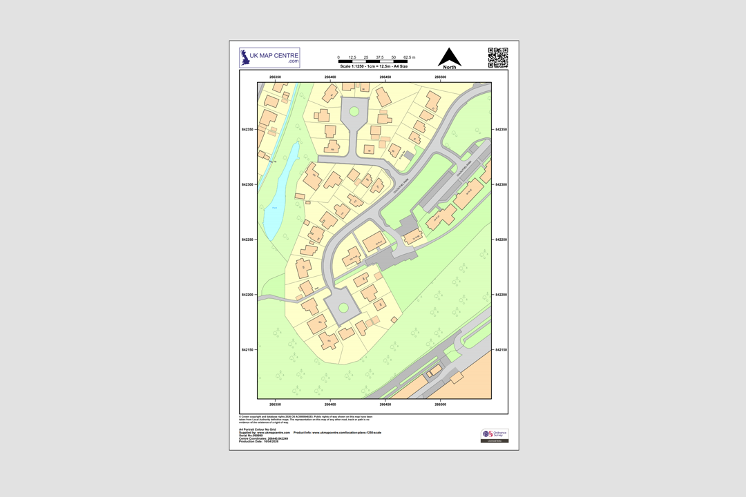 OS 1:1250 colour A4 portrait location plan showing a housing estate with building footprints, roads and green areas