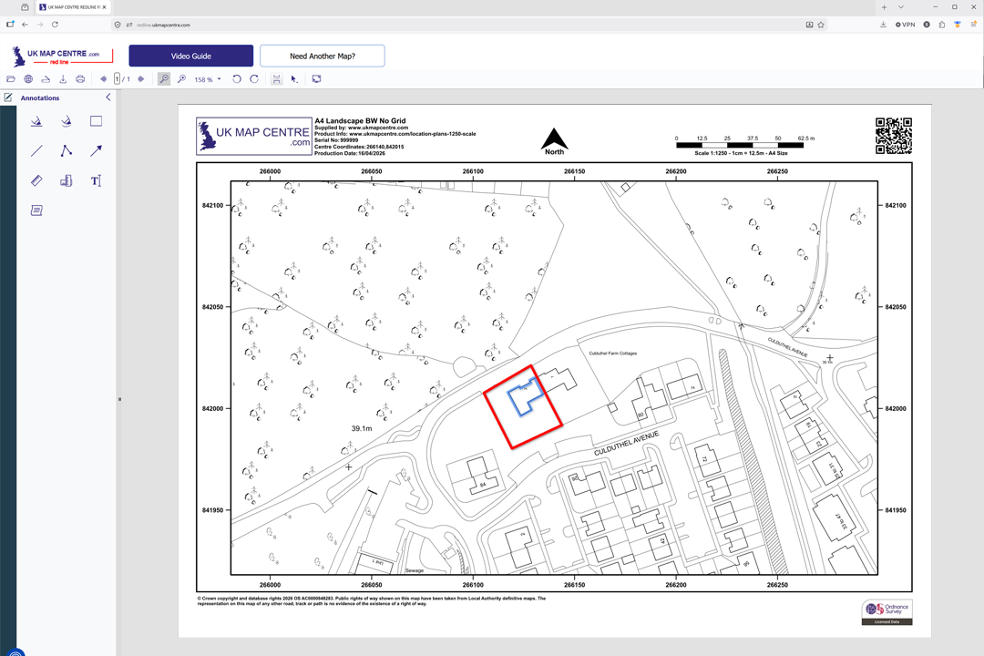 Online markup tool showing annotation sidebar for drawing site boundaries, proposed buildings and notes directly onto your OS 1:1250 location plan