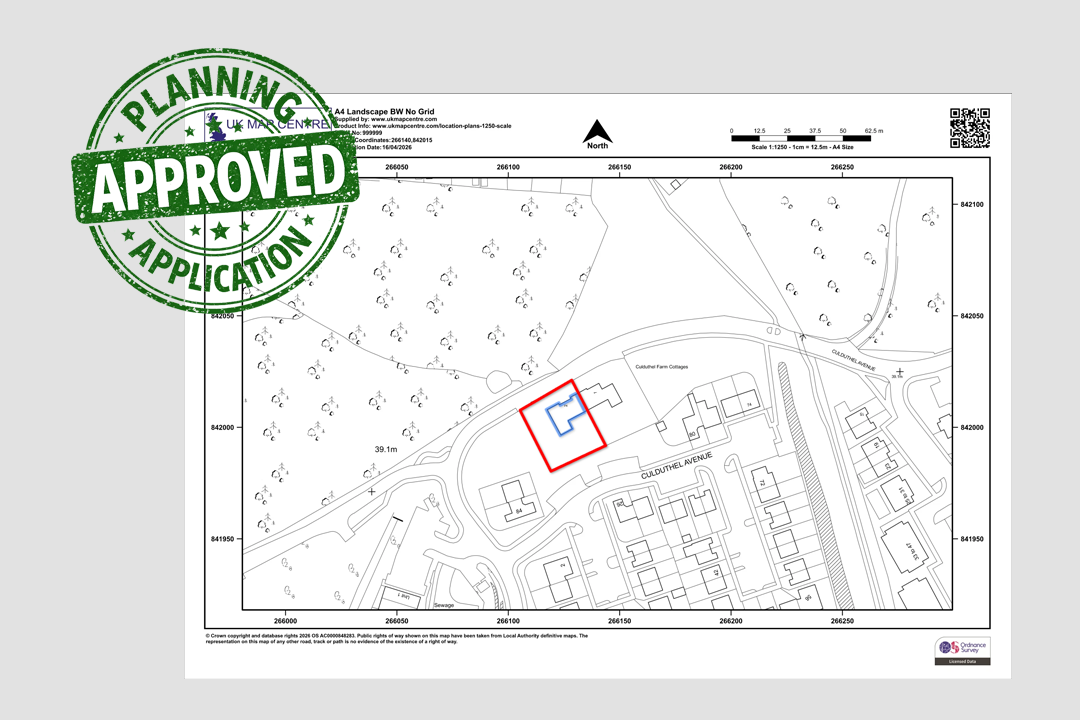 Planning Application Approved stamp over a 1:1250 location plan marked up with red site boundary and blue proposed building using the online annotation tool