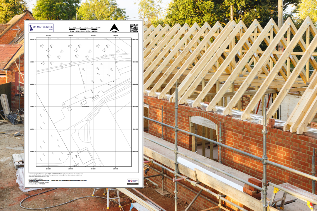 OS 1:1250 location plan composited with house under construction showing roof timbers - from planning drawing to building site