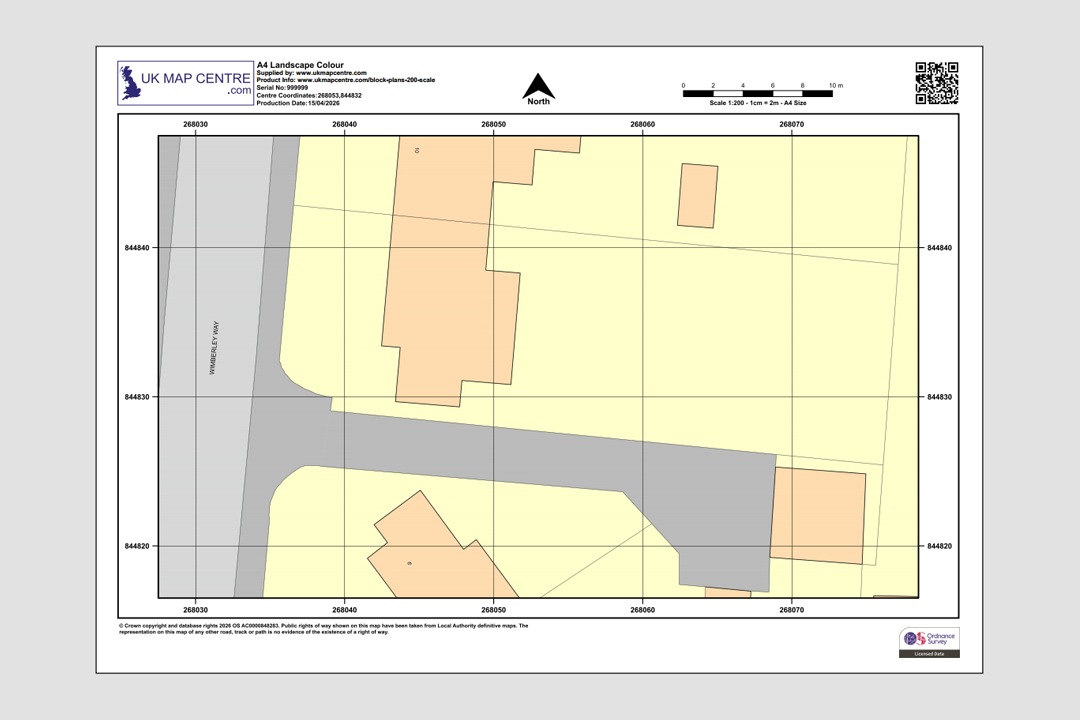 OS 1:200 colour block plan at A4 landscape showing building footprints, boundaries and road detail
