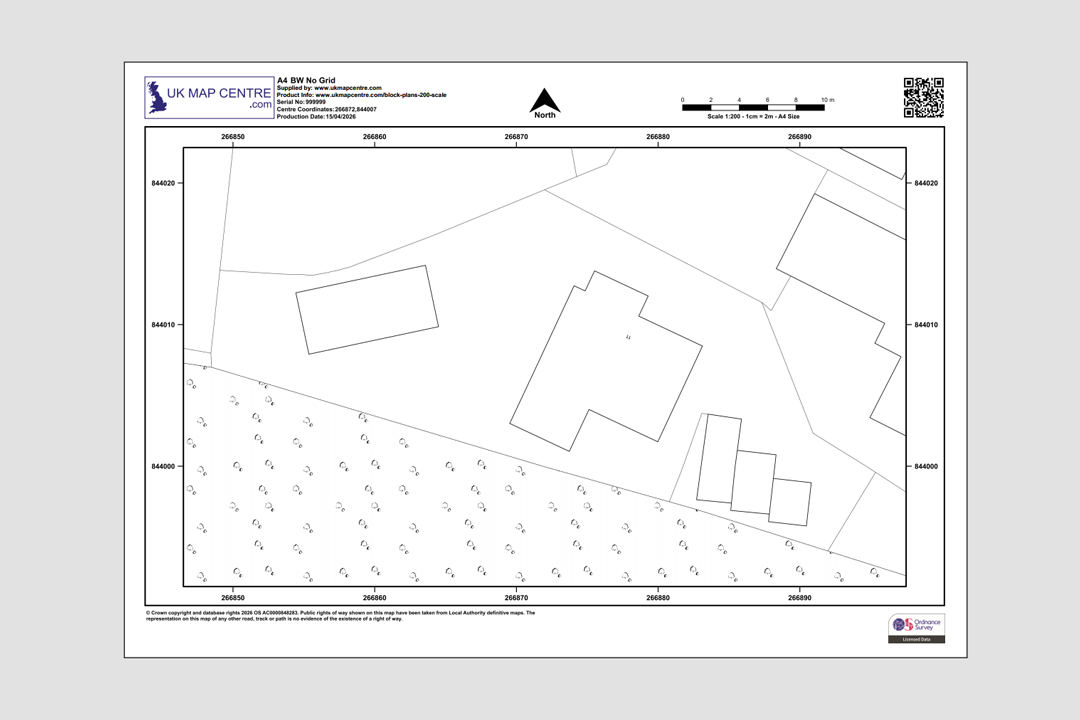 OS 1:200 black and white block plan at A4 showing clean line work without colour fills