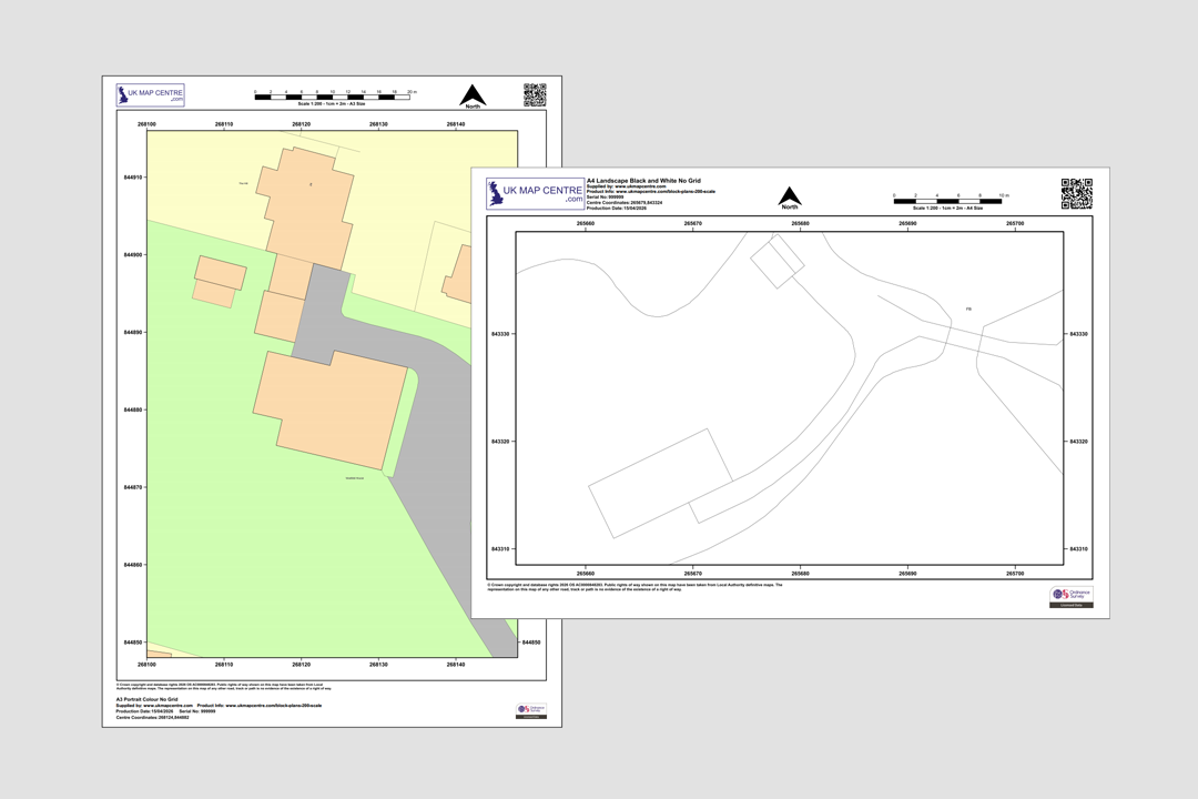 OS 1:200 block plan examples side by side - A3 portrait colour and A4 landscape black and white