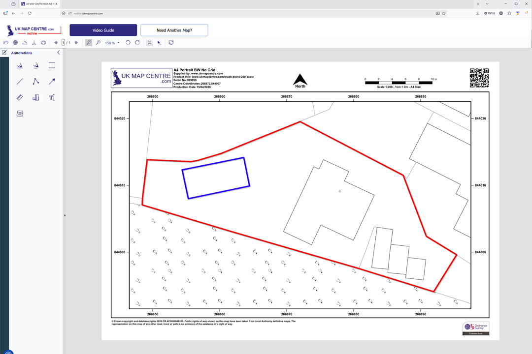 Online markup tool showing annotation options for drawing site boundaries, proposed extensions and notes directly onto your OS 1:200 block plan
