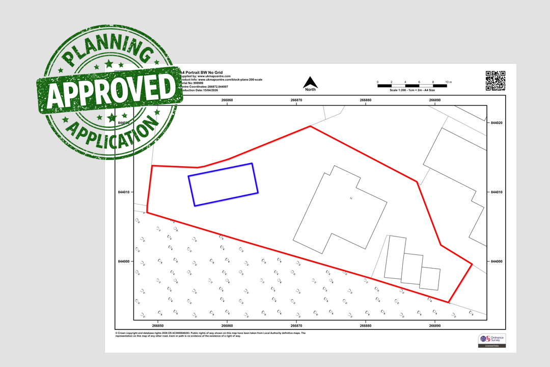 Completed 1:200 block plan with red site boundary and blue proposed extension marked up using the online annotation tool - ready for planning submission