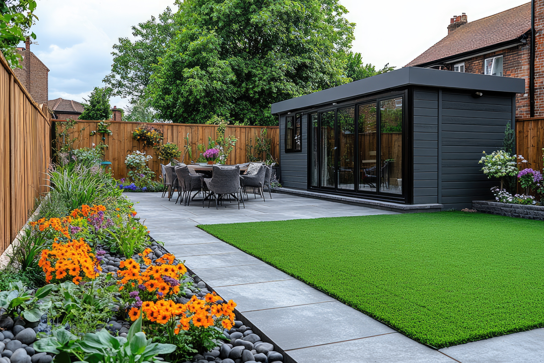 Completed garden design with paving, planting and garden room - the kind of project a 1:200 OS plan supports