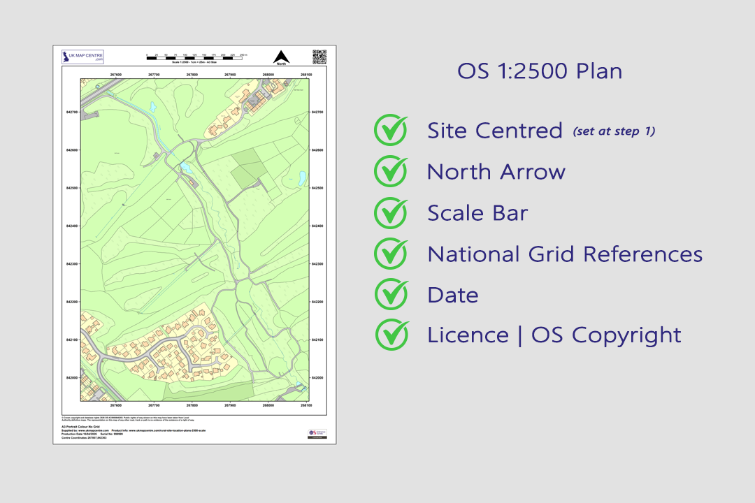 OS 1:2500 colour rural location plan with checklist showing site centred, north arrow, scale bar, grid references, date and OS licence number