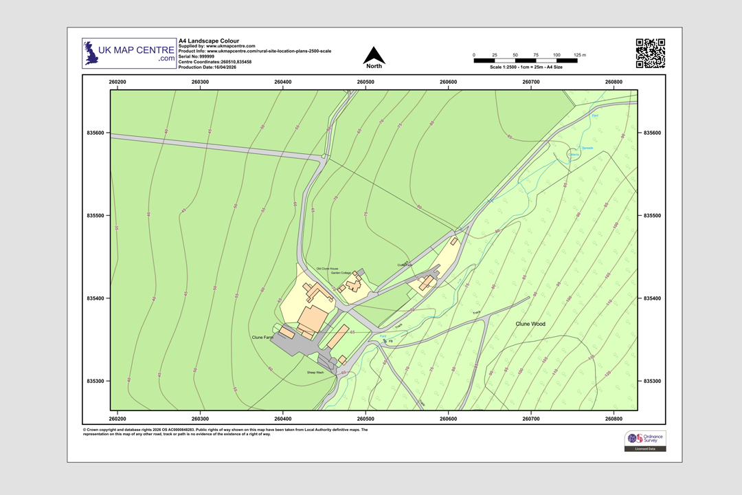 OS 1:2500 colour A4 landscape rural location plan showing farm buildings, fields, tracks and woodland