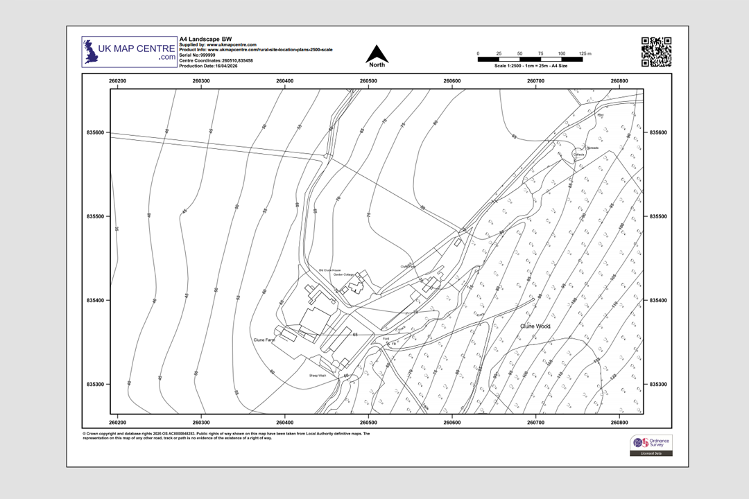 OS 1:2500 black and white A4 landscape rural location plan showing clean line work without colour fills