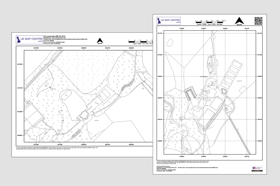 OS 1:2500 black and white rural location plans side by side - A4 landscape no grid and A4 portrait with grid lines