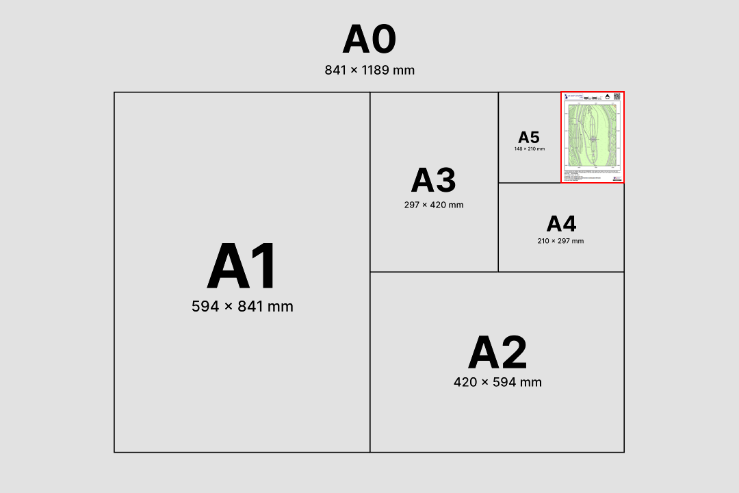 Paper size comparison from A5 to A0 showing how the 1:2500 rural location plan scales across print sizes