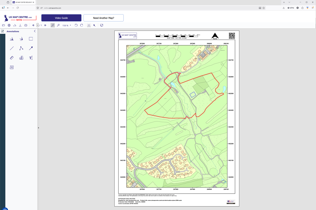 Online markup tool showing annotation sidebar for drawing site boundaries and notes directly onto your OS 1:2500 rural location plan