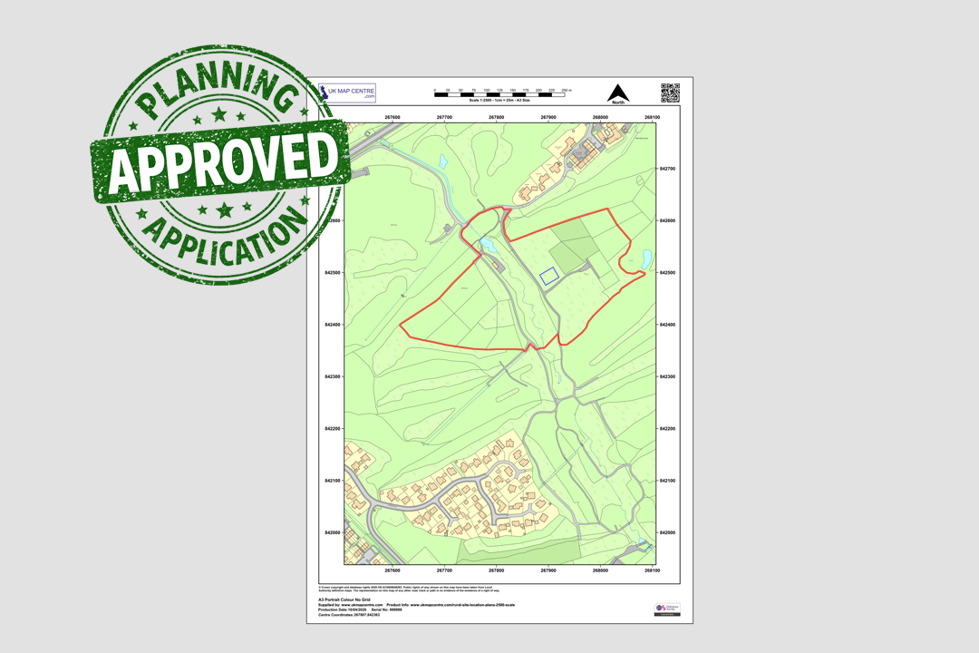 Planning Application Approved stamp over a 1:2500 rural location plan marked up with red site boundary using the online annotation tool