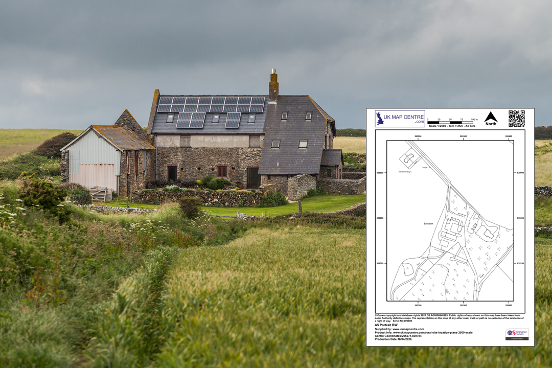 OS 1:2500 black and white rural plan composited with a renovated farmhouse with solar panels - from planning drawing to completed project